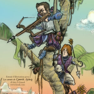 Deux archers aux vêtements médiévaux grimpent et se cachent parmi de grands arbres tropicaux ; l'un vise un arc, tandis que l'autre regarde vers le bas, tenant une flèche. Le ciel est de couleur pastel. Un texte en français apparaît dans le coin inférieur gauche.