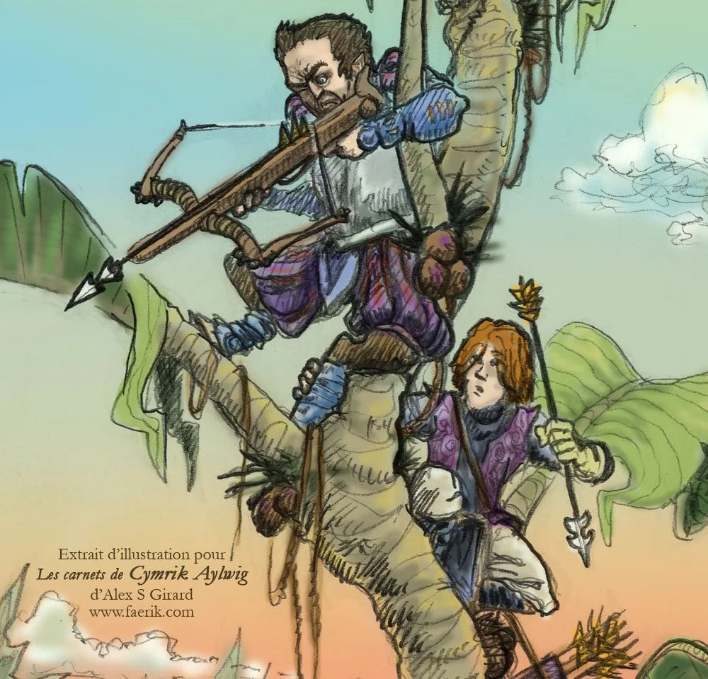 Deux archers aux vêtements médiévaux grimpent et se cachent parmi de grands arbres tropicaux ; l'un vise un arc, tandis que l'autre regarde vers le bas, tenant une flèche. Le ciel est de couleur pastel. Un texte en français apparaît dans le coin inférieur gauche.
