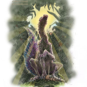 Une créature colorée et poilue est assise sur le sol de la forêt, courbant le dos et regardant vers le haut tandis que des rayons de soleil filtrent à travers les arbres au-dessus d'elle. Dessiné à la main, avec des détails fantaisistes et fantastiques.
