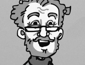 Image dédoublée représentant, à gauche, un homme âgé avec une barbe grise et une expression sérieuse, et, à droite, un dessin animé lui ressemblant avec des lunettes et une expression joyeuse.